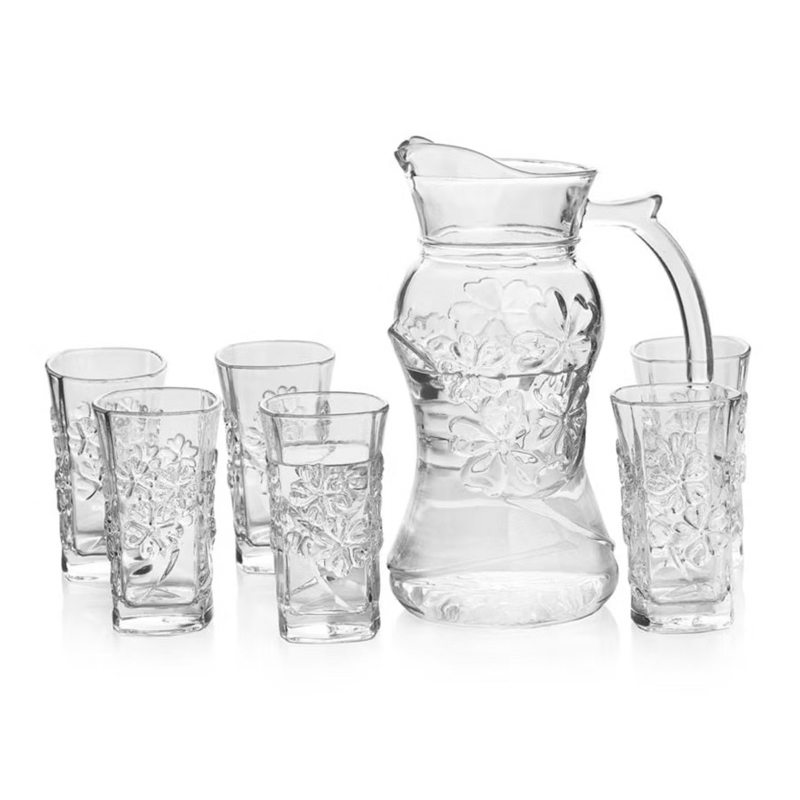 CONJUNTO JARRA DE VIDRO + COPOS RESISTENTE DESIGN FLORAL  EM ALTO RELEVO JARRA 1800 ML copos 250 ML em Oferta na Shopee