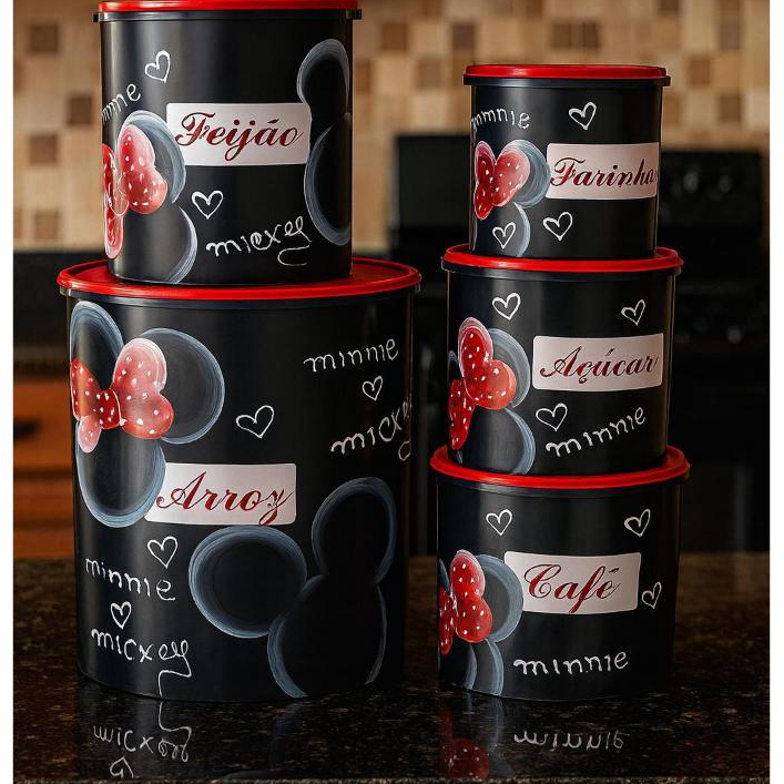 Kit 5 Potes Mantimentos Mickey e Minnie Decorados–Feijão, Arroz,Farinha,Açúcar e Café–Tampa Vermelha em Oferta na Shopee