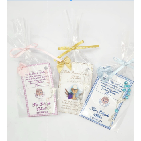 kit completo lembrancinhas 5 cartões com mini terço Batizado ou Primeira Eucaristia em Oferta na Shopee