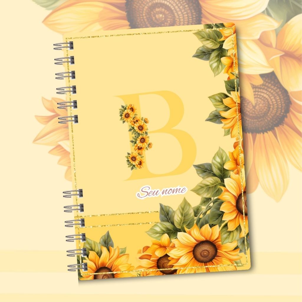 Caderno A5 Floral Girassol personalizado com inicial e nome em Oferta na Shopee