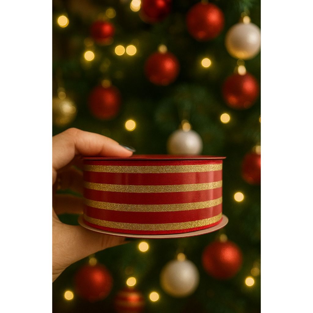 Fita Natalina Aramada para Laço de Arvore de Natal 40mm rolo 10y