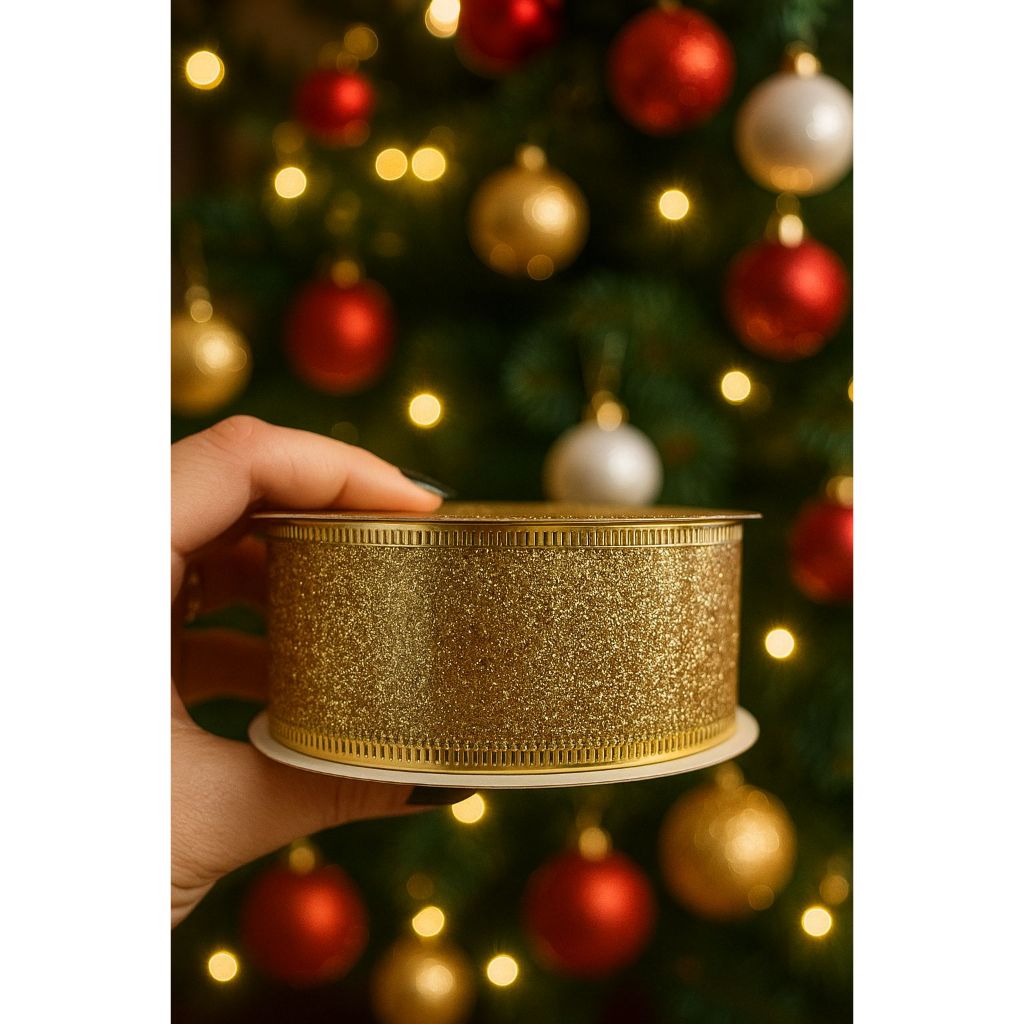 Fita Natalina Aramada para Laço de Arvore de Natal 40mm rolo 10y