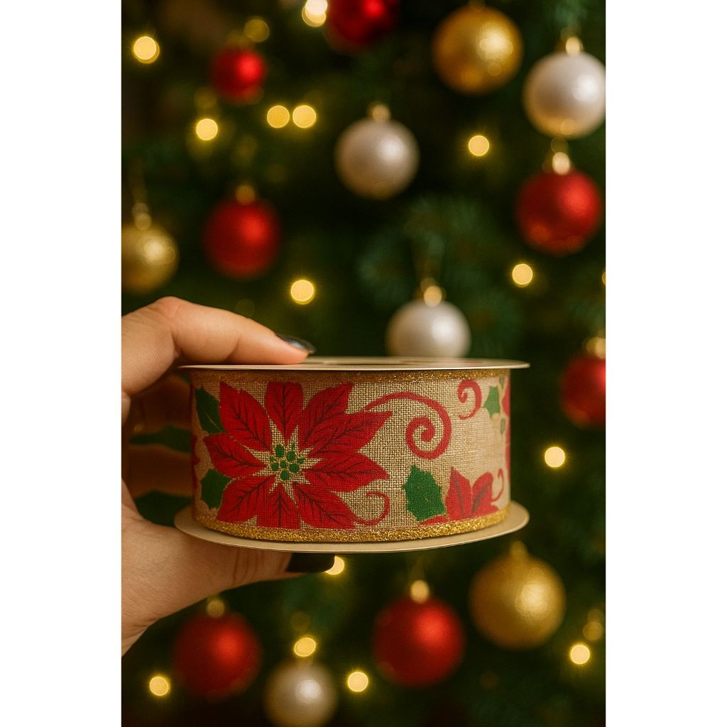 Fita Natalina Aramada para Laço de Arvore de Natal 40mm rolo 10y