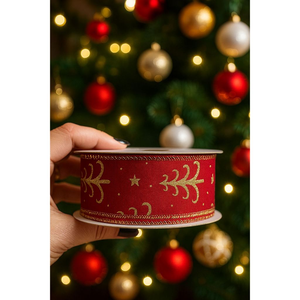 Fita Natalina Aramada para Laço de Arvore de Natal 40mm rolo 10y