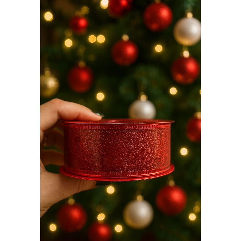 Fita Natalina Aramada para Laço de Arvore de Natal 40mm rolo 10y