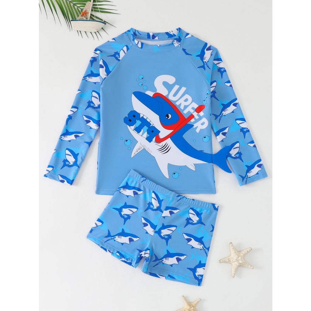 WD VEST Conjunto de Praia Masculino Infantil com Proteção UV e Estampa de Tubarão Surfista 2025 i3606