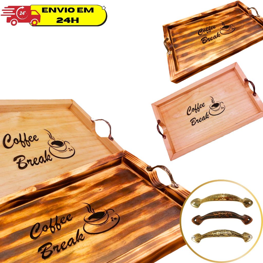 Bandeja de Café da Manhã Artesanal – Madeira de Pinus com Alça Dourada