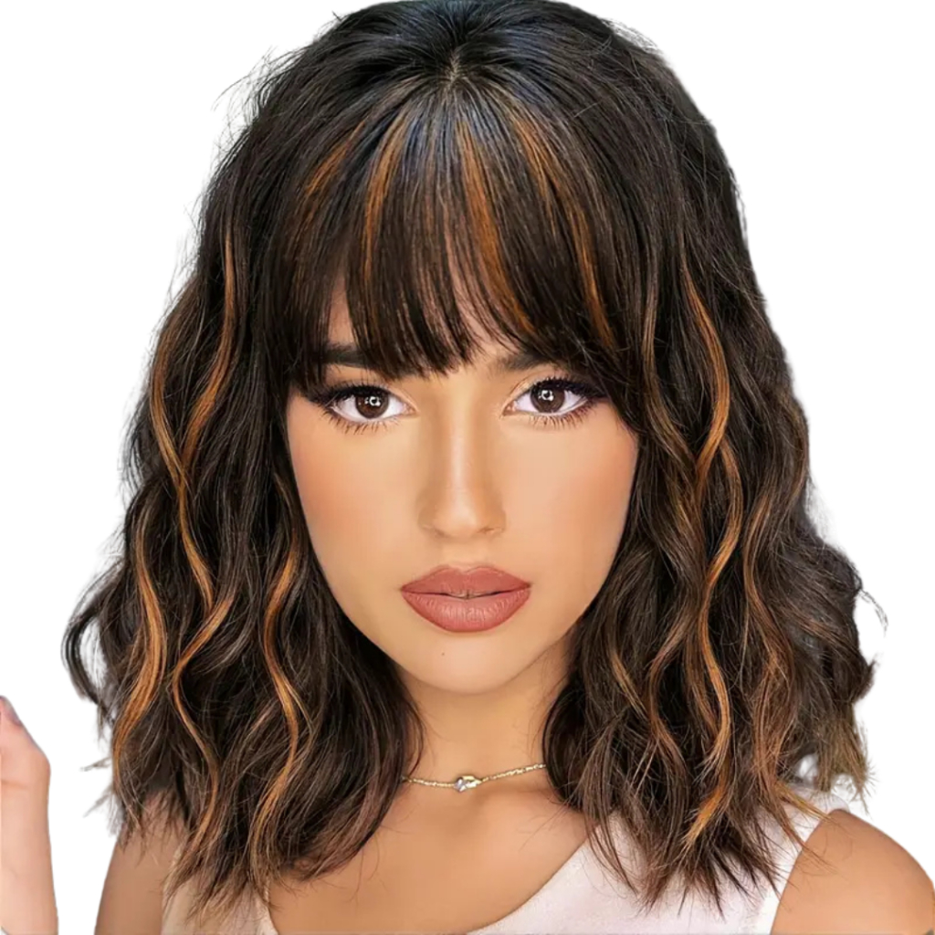 Peruca Ondulada 40c Curta Com Franja Fibra Orgânica +wig Cap em Oferta na Shopee