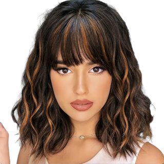 Peruca Ondulada 40c Curta Com Franja Fibra Orgânica +wig Cap em Oferta na Shopee