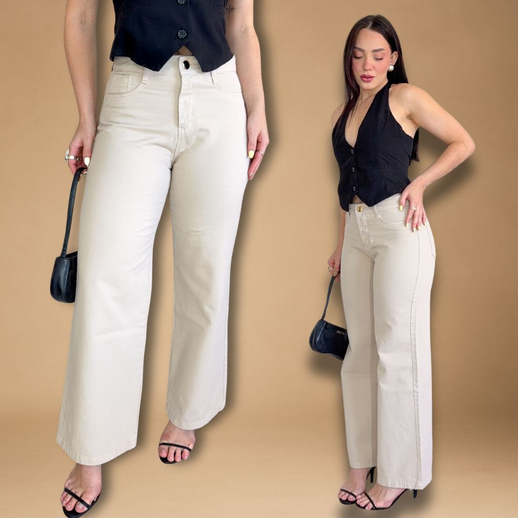 Calça Jeans Bege Wide Leg Feminina  Pantalona 34 ao 46 Cintura Alta 100% Algodão Levanta Bumbum