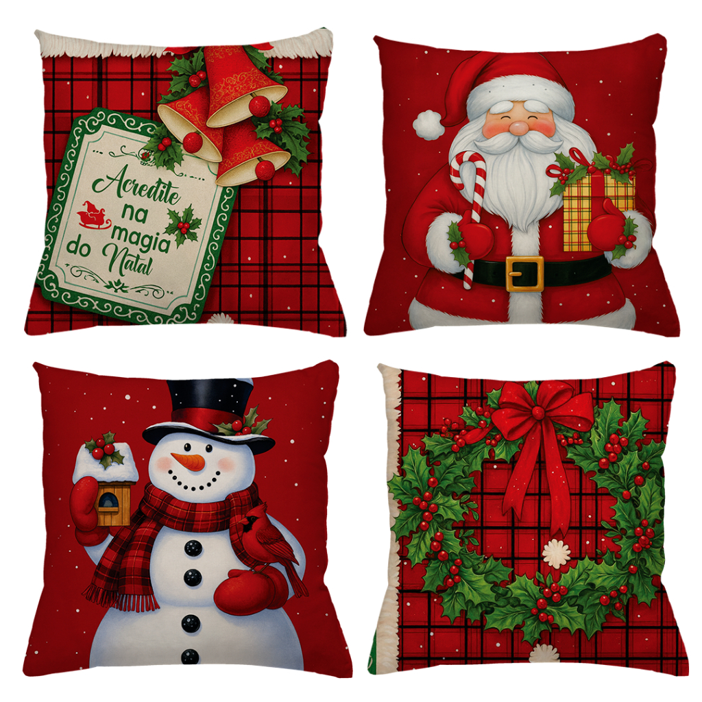 KIT 4 CAPAS DE ALMOFADAS DECORATIVAS NATAL PAPAI NOEL BONECO DE NEVE FELIZ NATAL  RENA - T...
