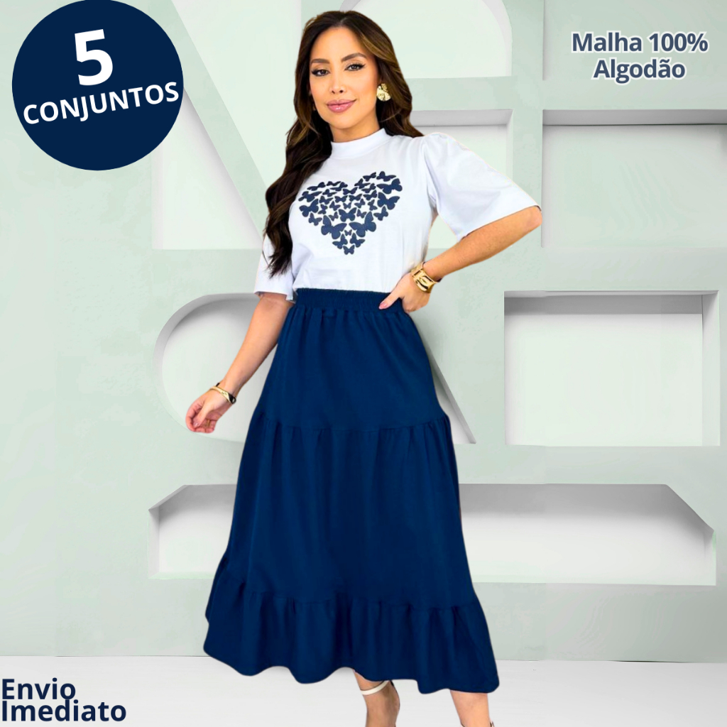 Conjunto evangélico Saia 3 Maria Blusa Manga Princesa, Moda Cristã, Fardamento Igreja Coral e Eventos