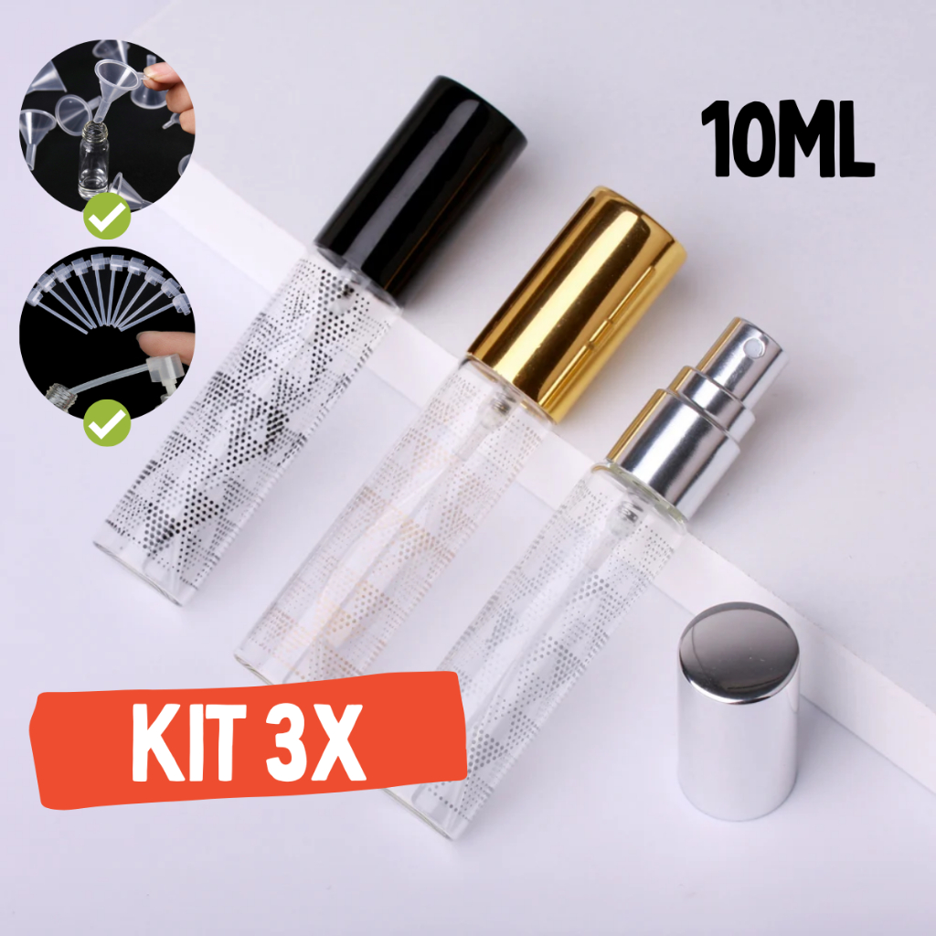 3X Porta Perfume 10ml Spray Vidro Kit Com Bico Decanter e Mini Funil Frasco Recarregavel Portátil em Oferta na Shopee