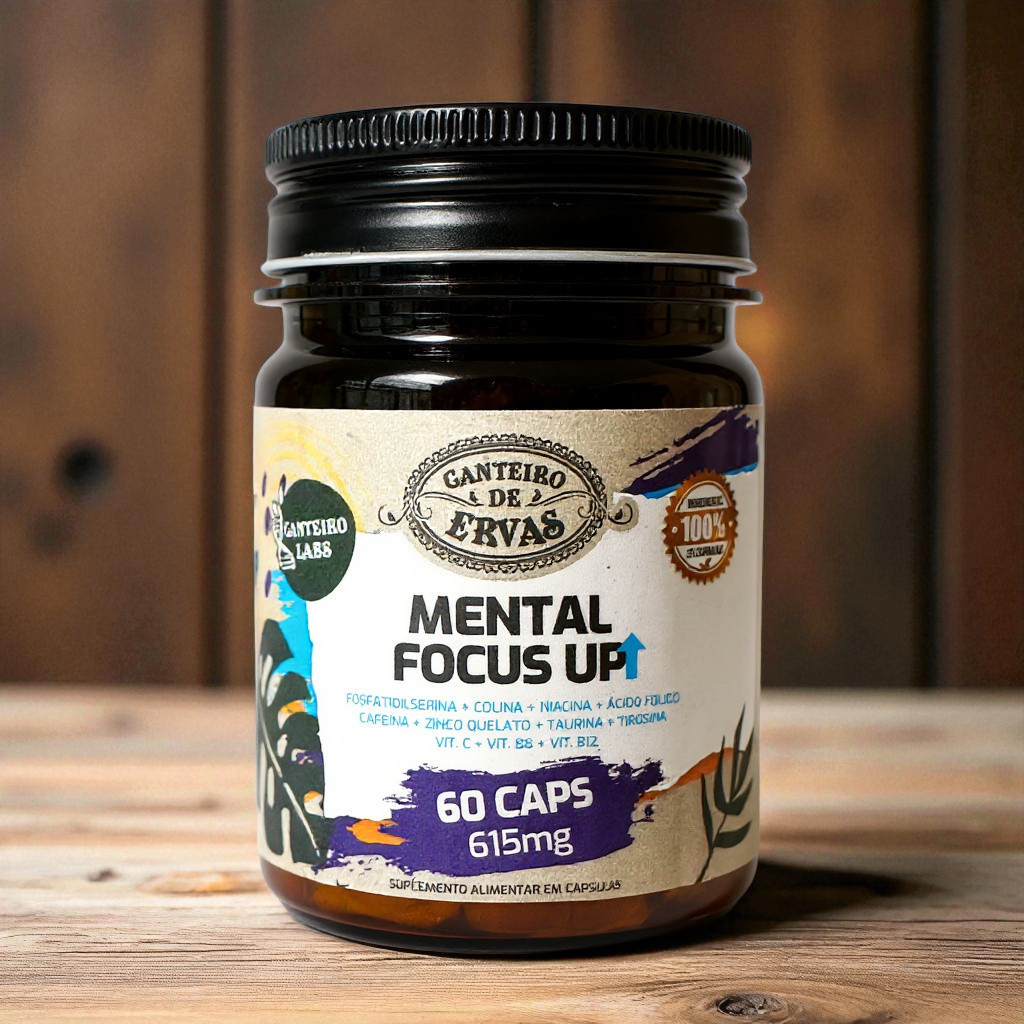 Mental Focus Up + colina + cafeína + zinco quelato 615mg 60caps Canteiro de Ervas