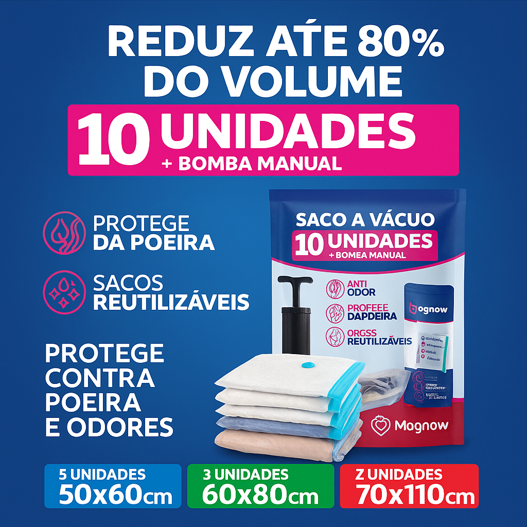 Kit 10 Sacos a Vácuo c/ Bomba — 5un 50x60 + 3un 60x80 + 2un 70x110 | Organizador Hermético de Roupas, Edredons e Viagem