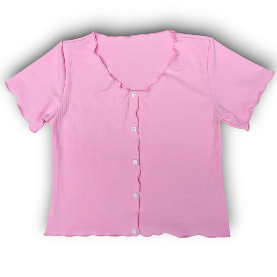 Blusa cropeed Canelado Liso, Casual, Canelado Com Frufru Manga curta y botões / canelado listrado