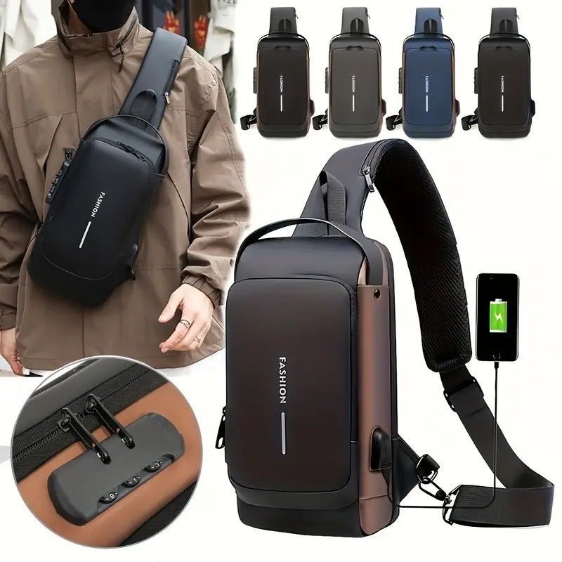 Mochila De Peito Masculina À Prova D'água Com Trava De Código Usb Alta Qualidade em Oferta na Shopee