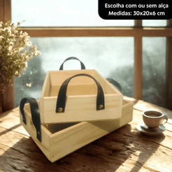 Bandeja Decorativa de Pinus 30x20x6cm sem e Com Alça de Couro Cantinho do Café Bandeja Café da Manhã