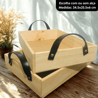 Bandeja Decorativa de Pinus 34.5x25.5x6cm sem e Com Alça de Couro Cantinho do Café Bandeja em Oferta na Shopee