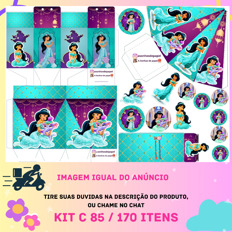 kit com 170 ou 85 itens - Personalizado TEMA ALADIN PRINCESA JASMINE- Lembrancinhas COM NOME