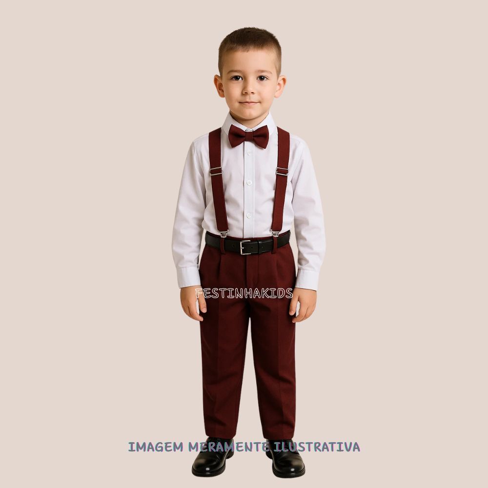 Conjunto Social Infantil Menino Marsala Camisa Suspensório Gravata Calça Pajem Batizado Festa T 1-12