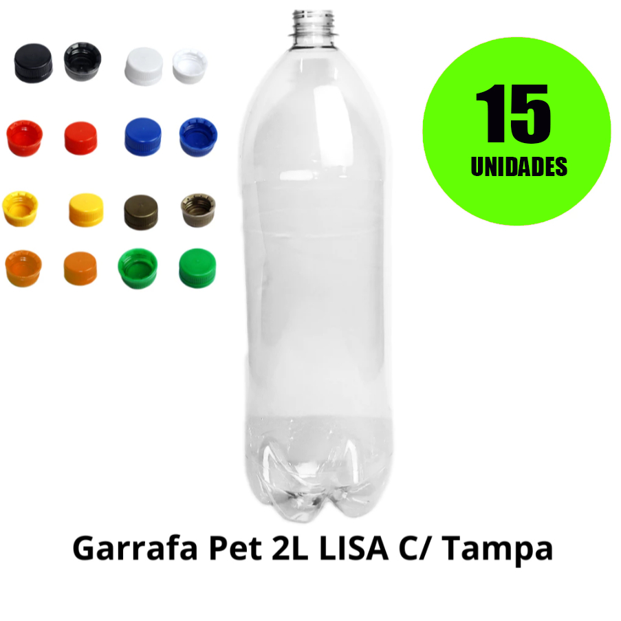 Garrafa de Plástico Pet 2 Litros Lisa Com Tampa Lacre Diversas Cores 15 Unidades (Usadas)