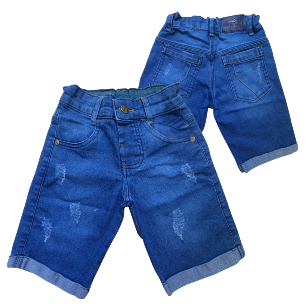 Bermuda Jeans Infantil Menino com Lycra, Short Rasgado Puído Masculino