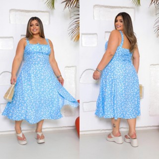 Vestido Camponesa Mídi Plus Size, Feminina, Estampa Floral com Elastex nas Costas, com Fenda frontal em Oferta na Shopee