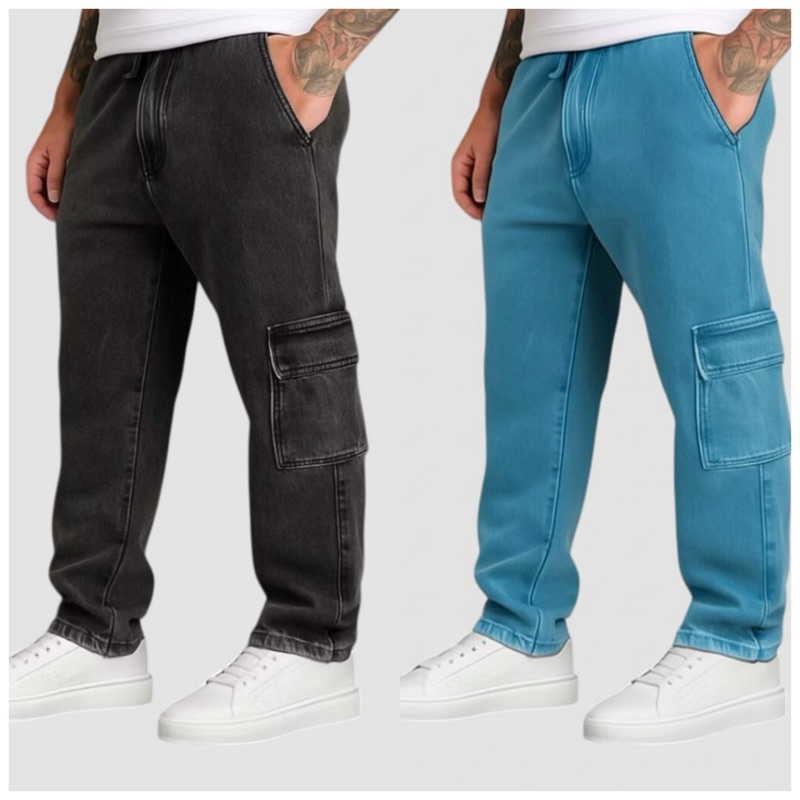 Kit com 2 Calças Cargo Masculinas Sarja Jeans Múltiplos Bolsos em Oferta na Shopee