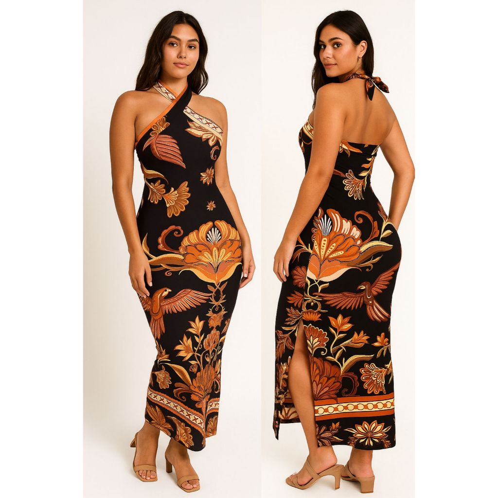 Vestido Longo Feminino Tropical Estampado Fenda Lateral Luxo Lançamento Verão Casual Praia Tendencia Blogueira