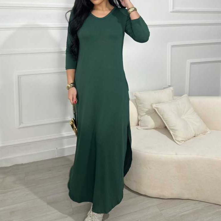 Vestido Longo Feminino Elegante Com Manga 3/4 Viscolycra Malha com Bolso