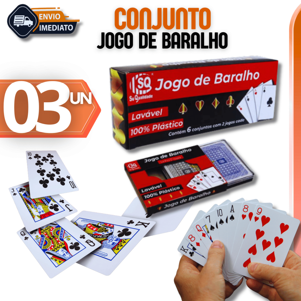 Conjunto 03 Unidade  - Baralho Duplo 100% Plástico 108 Cartas Lavável Resistente Diversão Garantida Lavável Durável