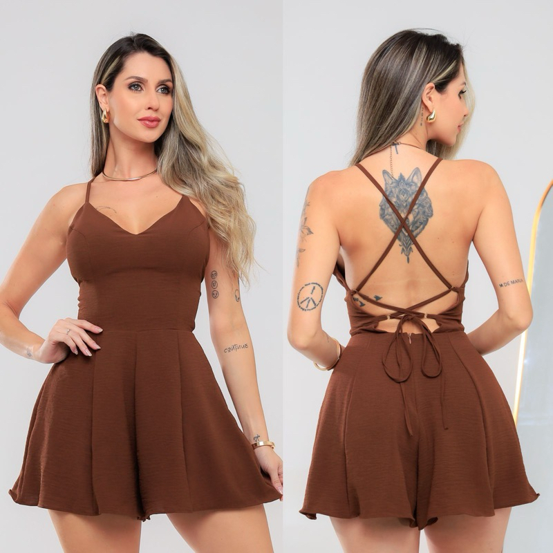 Macaquinho curto Costa aberta lisos com amarração zíper invisível  bojo moda feminina lançamento em Oferta na Shopee