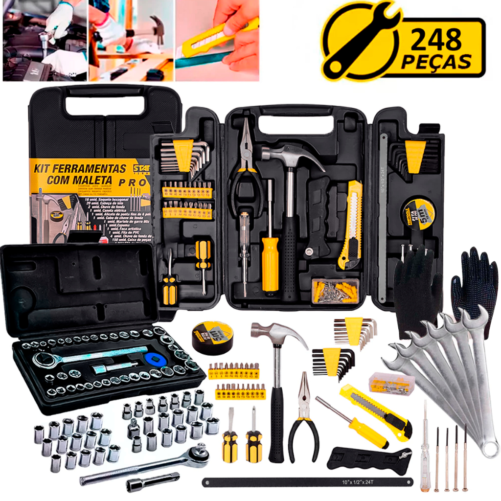 Kit Jogo Ferramentas 248 Peças Maleta Serviço Gerais Soquetes Chaves Combinada Luva Pigmen...