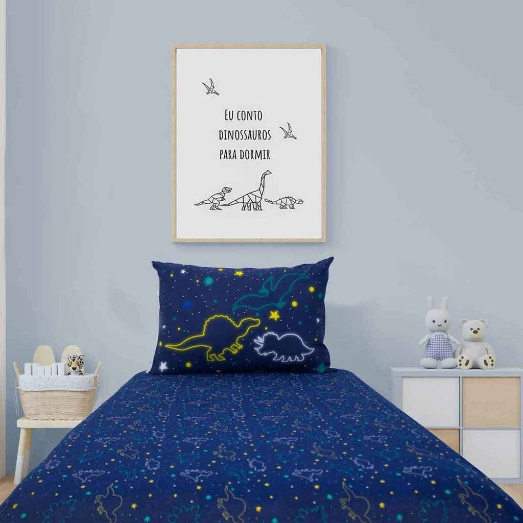 Jogo de Cama Jogo De Lençol Solteiro Infantil 2 Peças Dinossauro Luminoso Brilha no Escuro