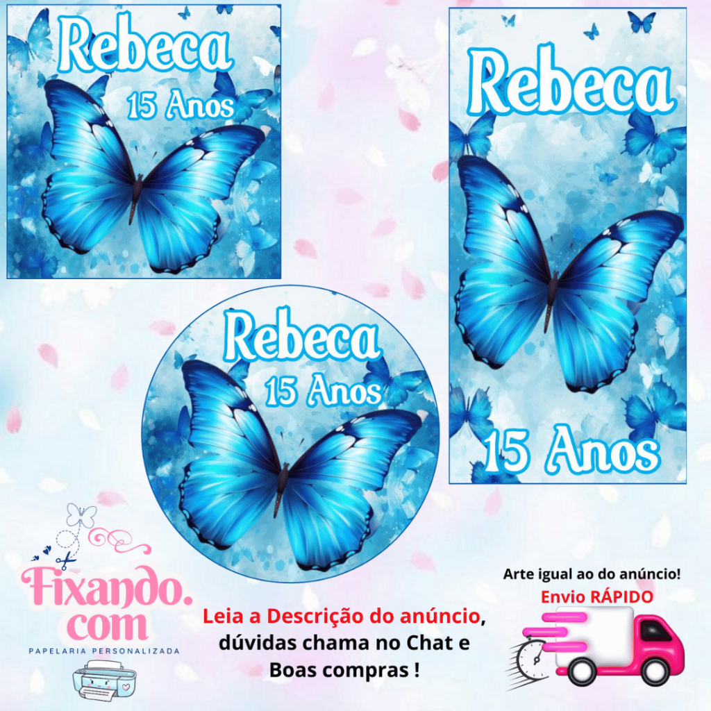 BORBOLETA AZUL - 100/60/40 Adesivos Personalizados para Festas ( Envia Rápido)