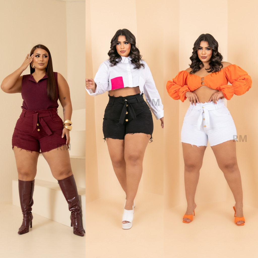 Short Jeans Feminino Plus Size Com Lycra 44 / 54 Cintura Alta em Oferta na Shopee