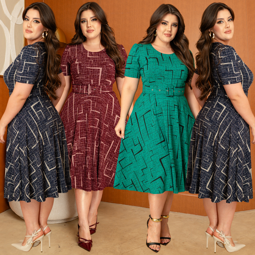 Vestido com cinto decote redondo manga curta saia rodada godê  viscolycra com estampa. em Oferta na Shopee