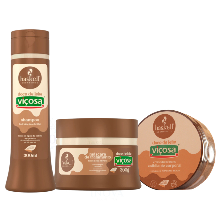 Kit Doce de Leite Haskell Shampoo 300ml  e Máscara Tratamento 300g e Esfoliante Corporal 150g