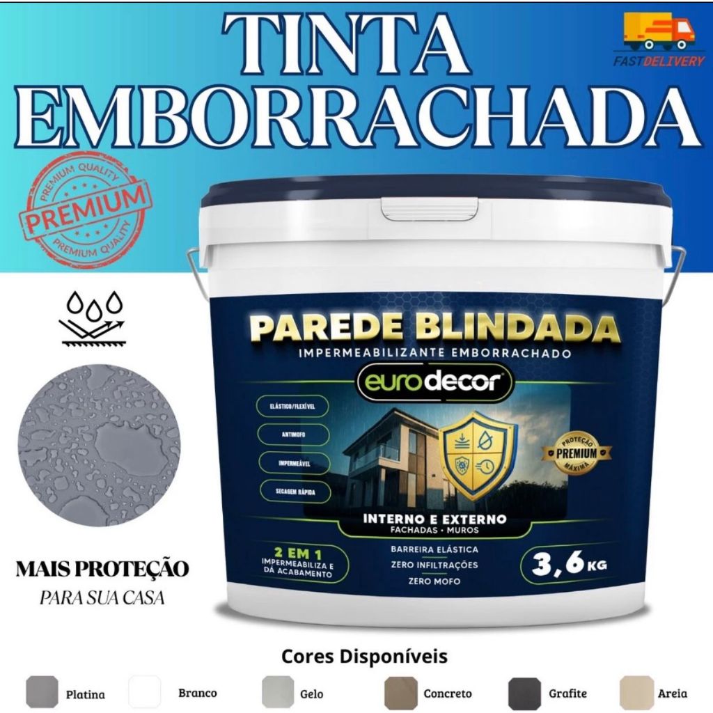 Tinta Emborrachada 3.6KG Impermeabilizante Emborrachado Parede Blindada 3.6KG Ou 1KG