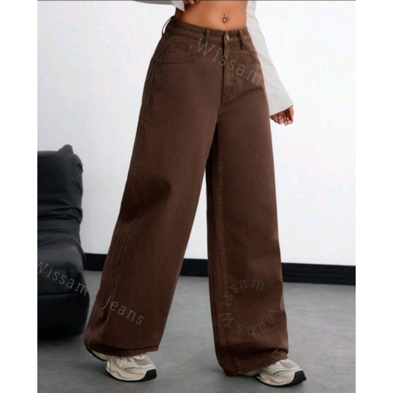 wide leg marrom jeans feminina wissam jeans em Oferta na Shopee
