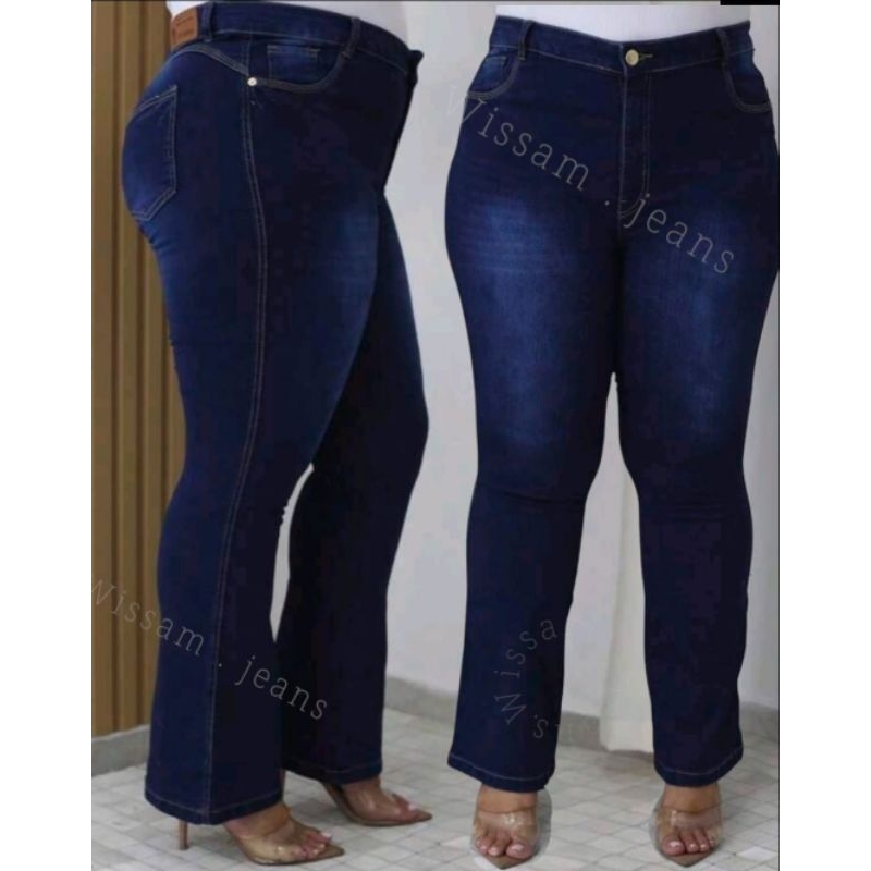 calça flare jeans Plus size escura feminina com laycra wissam jeans