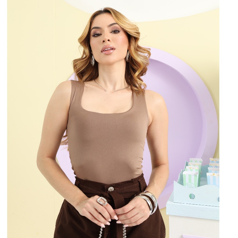 Body Collant Feminino Regata Blusa Decote Quadrado Com Forro Estilo Blogueira Suplex