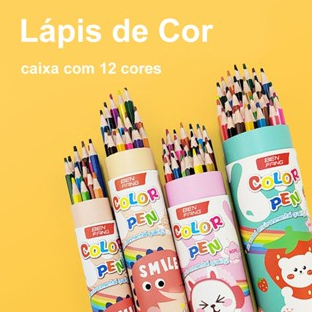 Kit Completo 12 Lápis de Cor + Apontador em Balde / Presente Escolar Prático em Oferta na Shopee
