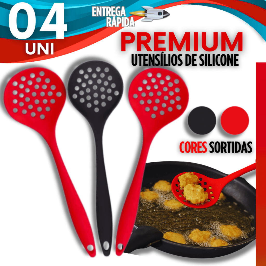 Escumadeira de Silicone para Arroz Colher Vazada Furada Preta ou Vermelha Resistente PROMOÇÃO
