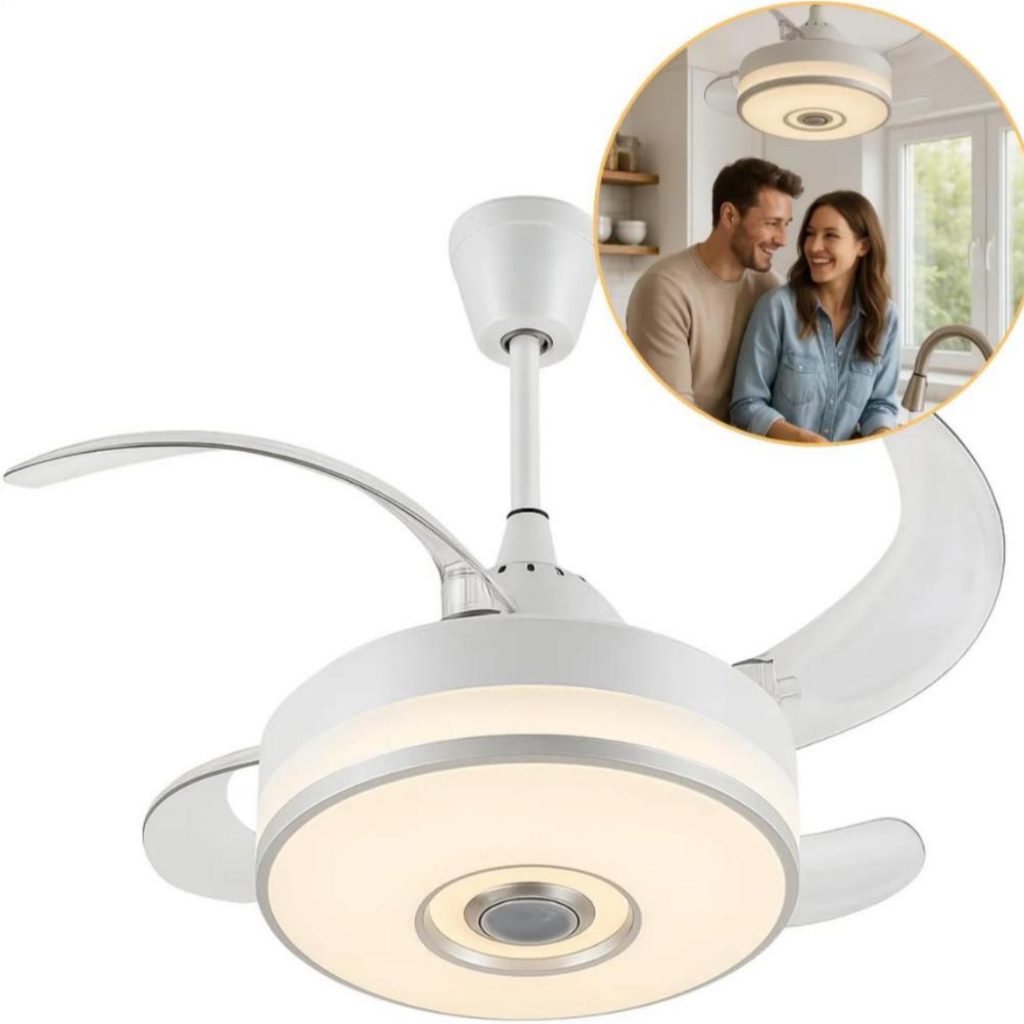 Ventilador de Teto Branco Retrátil Moderno e Luxuoso LED Multicolor com Caixa de Som INIX RG LED