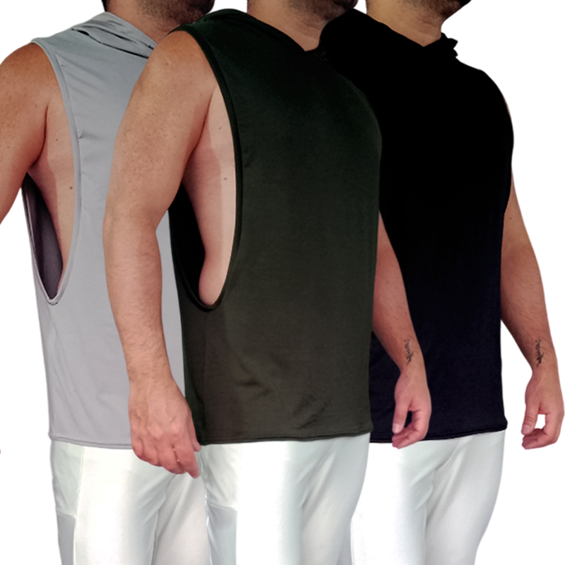 Kit 3 Camisetas Masculinas Regatas Básicas Abertura Lateral Capuz Lisas Academia Treino Fitness Suplex PP ao Plus Size