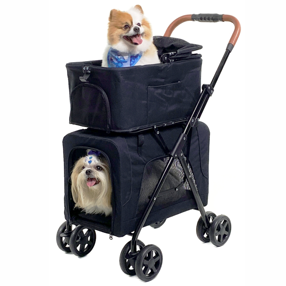 Carrinho de passeio duplo com berços removíveis para pets de pequeno porte até 15 kg