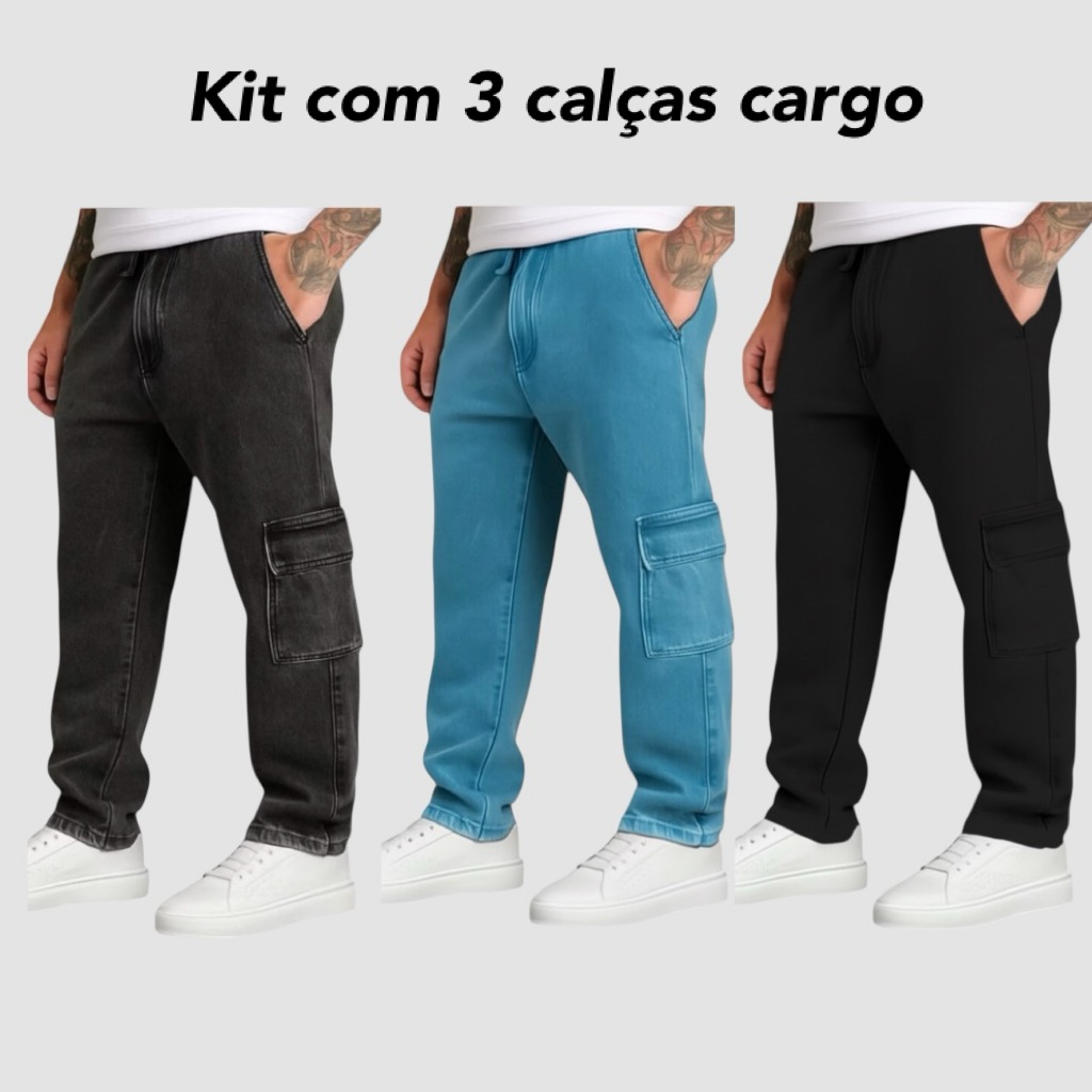 Kit Com 3 Calças Cargo Masculinas Sarja Jeans Múltiplos Bolsos Confortável