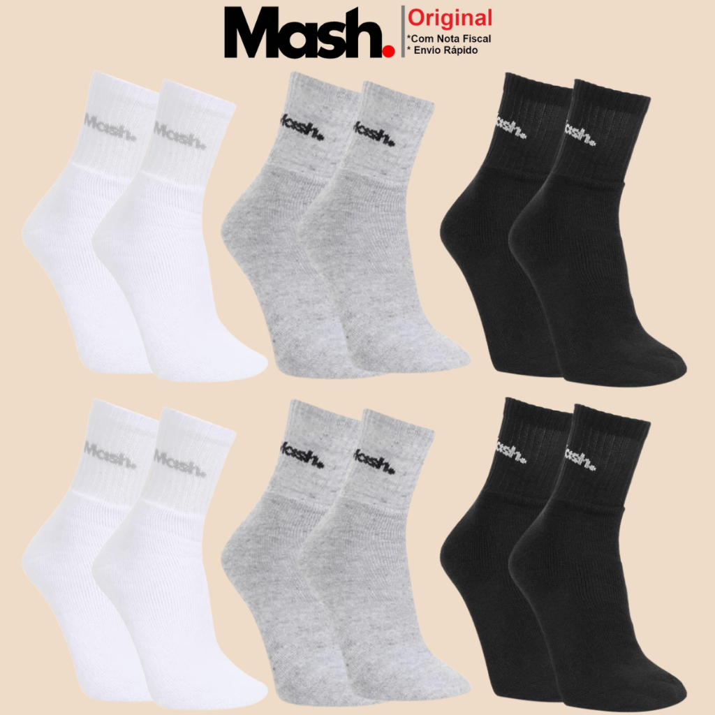 Kit De 6 Pares Meias Mash Em Algodão Cano Médio Casual e Esportivas com Calcanhar Verdadeiro
